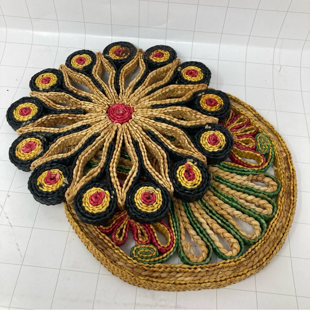 Vintage Handcrafted Woven trivets - Black, Red, Green, Tan 1970s 1980s kitchen